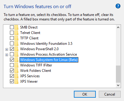 How to enable the Linux / Bash subsystem in Windows 10